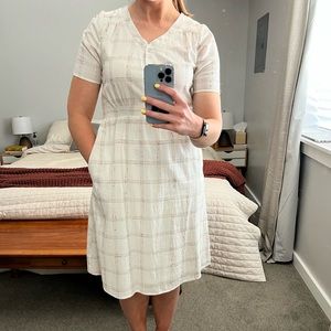 White polgram checkered detail short sleeve midi summer dress with buttons